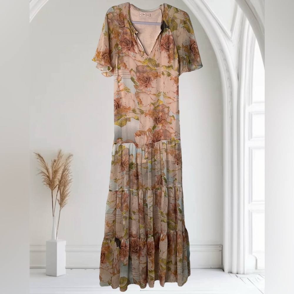 Traffic People Floral Print Boho Prairie Tiered Maxi Dress Cottagecore